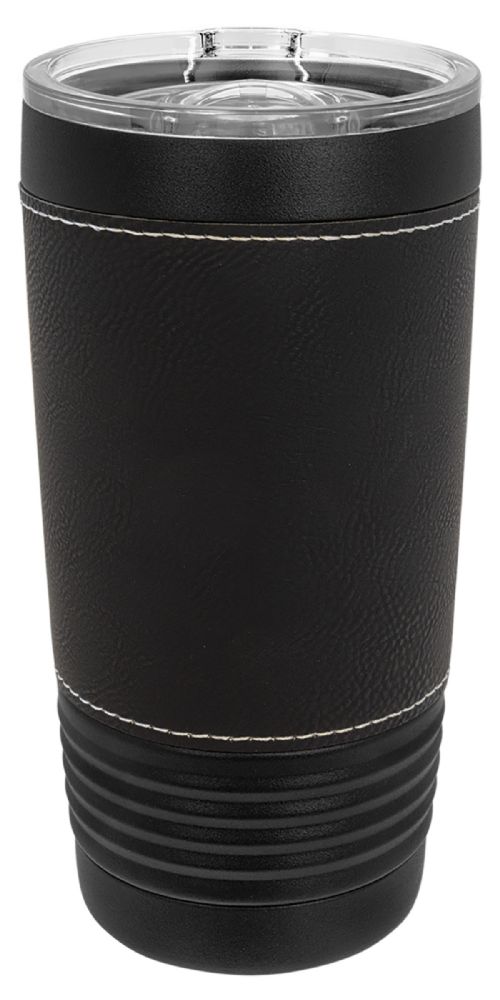 Laser Engravable Black 20oz Polar Camel Vacuum Insulated Tumbler with Black/Silver Leatherette Grip