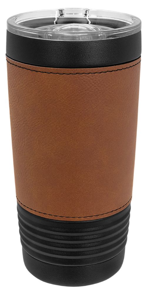 Laser Engravable Black 20oz Polar Camel Vacuum Insulated Tumbler with Rawhide/Black Leatherette Grip