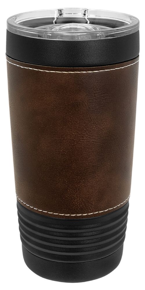 Laser Engravable Black 20oz Polar Camel Vacuum Insulated Tumbler with Rustic/Silver Leatherette Grip