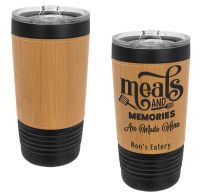 Laser Engravable Black 20oz Polar Camel Vacuum Insulated Tumbler with Bamboo/Black Leatherette Grip