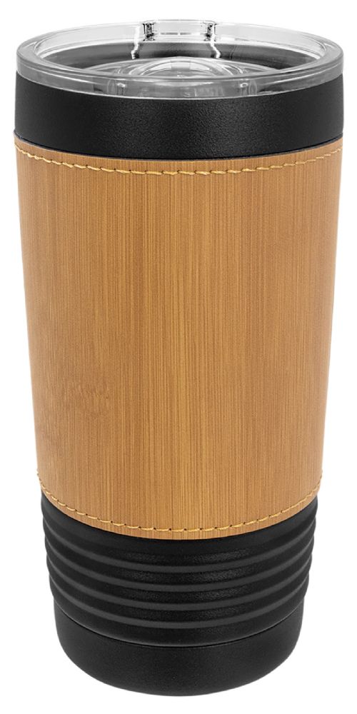 Laser Engravable Black 20oz Polar Camel Vacuum Insulated Tumbler with Bamboo/Black Leatherette Grip