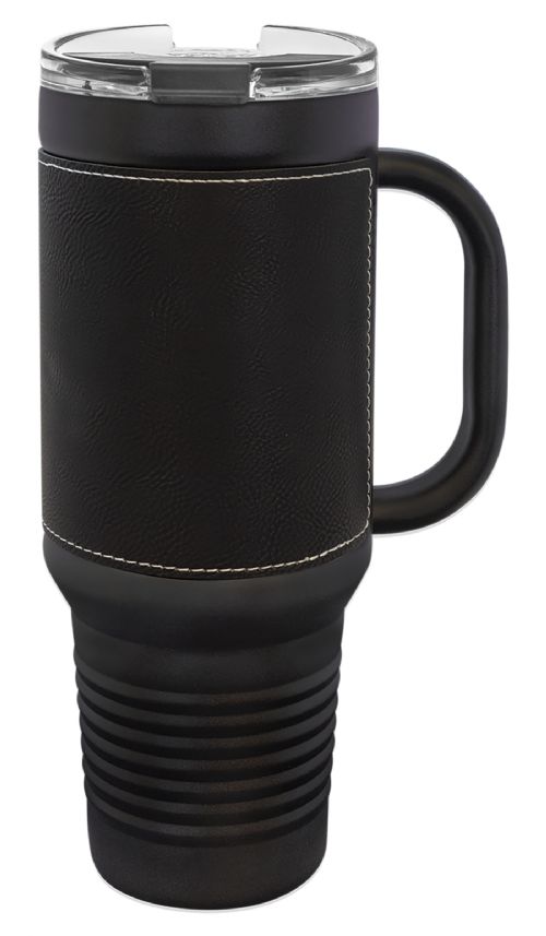 Laser Engravable Black 40oz Polar Camel Vacuum Insulated Travel Mug with with Black/Silver Leatherette Grip and Straw