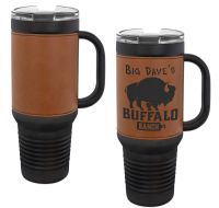 Laser Engravable Black 40oz Polar Camel Vacuum Insulated Travel Mug with with Rawhide/Black Leatherette Grip and Straw