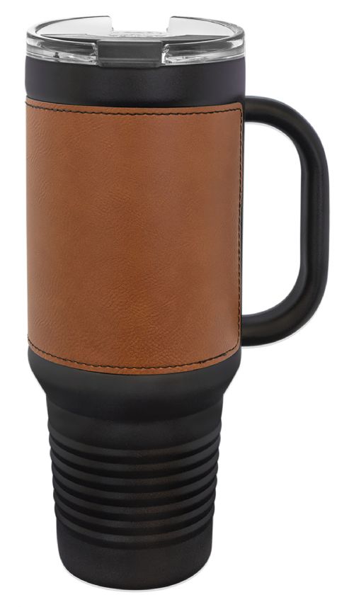 Laser Engravable Black 40oz Polar Camel Vacuum Insulated Travel Mug with with Rawhide/Black Leatherette Grip and Straw