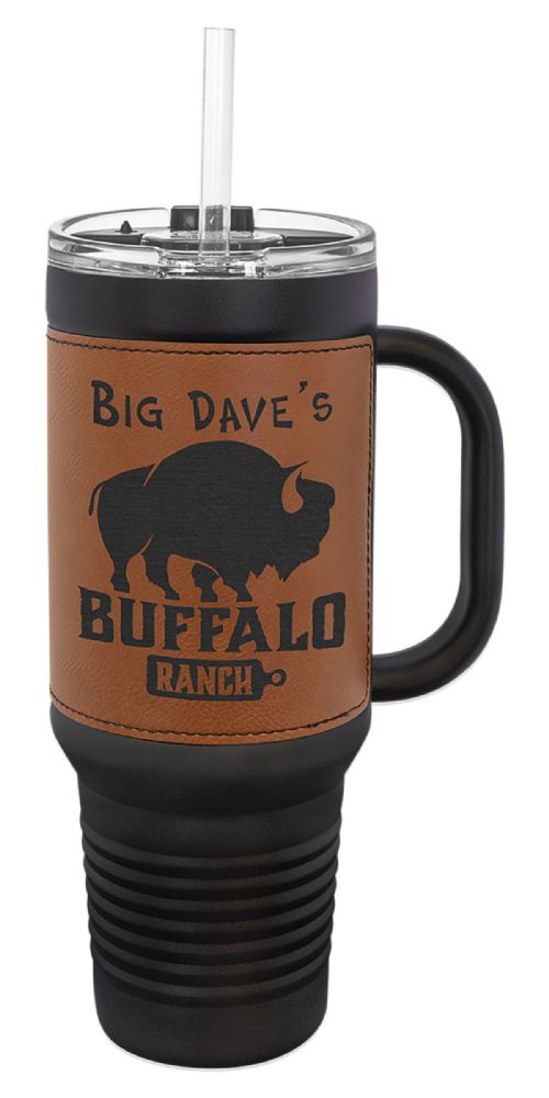 Laser Engravable Black 40oz Polar Camel Vacuum Insulated Travel Mug with with Rawhide/Black Leatherette Grip and Straw #2