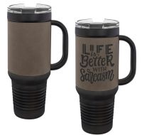 Laser Engravable Black 40oz Polar Camel Vacuum Insulated Travel Mug with with Gray/Black Leatherette Grip and Straw