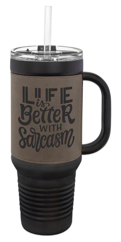 Laser Engravable Black 40oz Polar Camel Vacuum Insulated Travel Mug with with Gray/Black Leatherette Grip and Straw #2