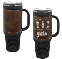 Laser Engravable Black 40oz Polar Camel Vacuum Insulated Travel Mug with with Rustic/Silver Leatherette Grip and Straw