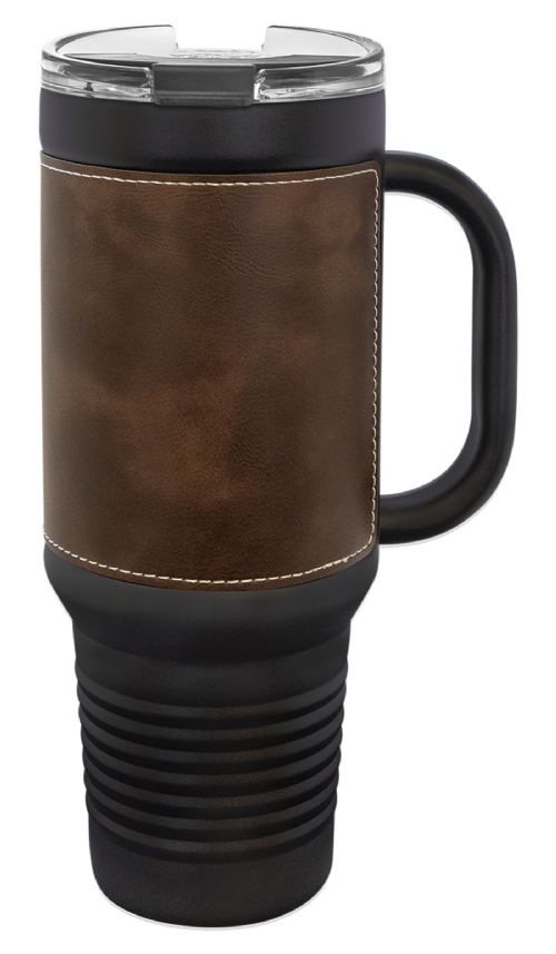 Laser Engravable Black 40oz Polar Camel Vacuum Insulated Travel Mug with with Rustic/Silver Leatherette Grip and Straw