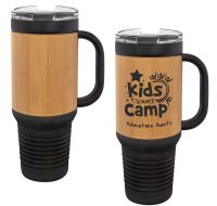 Laser Engravable Black 40oz Polar Camel Vacuum Insulated Travel Mug with with Bamboo/Black Leatherette Grip and Straw