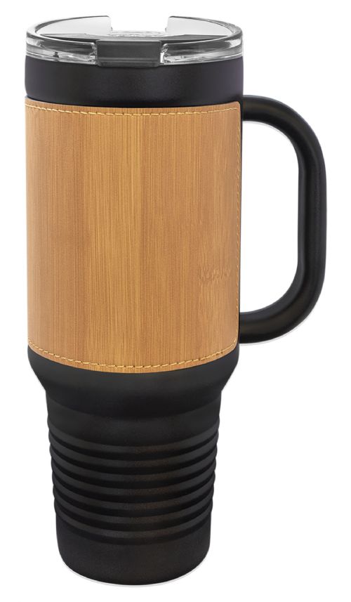 Laser Engravable Black 40oz Polar Camel Vacuum Insulated Travel Mug with with Bamboo/Black Leatherette Grip and Straw