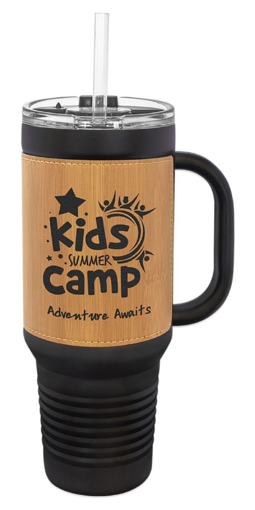 Laser Engravable Black 40oz Polar Camel Vacuum Insulated Travel Mug with with Bamboo/Black Leatherette Grip and Straw #2