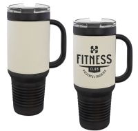 Laser Engravable Black 40oz Polar Camel Vacuum Insulated Travel Mug with with White/Black Leatherette Grip and Straw