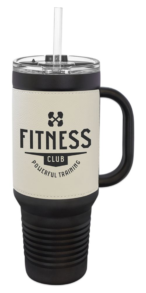 Laser Engravable Black 40oz Polar Camel Vacuum Insulated Travel Mug with with White/Black Leatherette Grip and Straw #2