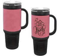 Laser Engravable Black 40oz Polar Camel Vacuum Insulated Travel Mug with with Pink/Black Leatherette Grip and Straw