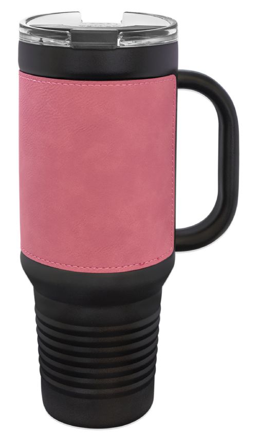 Laser Engravable Black 40oz Polar Camel Vacuum Insulated Travel Mug with with Pink/Black Leatherette Grip and Straw