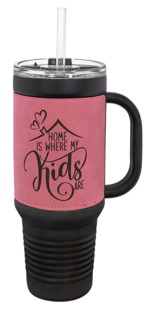 Laser Engravable Black 40oz Polar Camel Vacuum Insulated Travel Mug with with Pink/Black Leatherette Grip and Straw #2