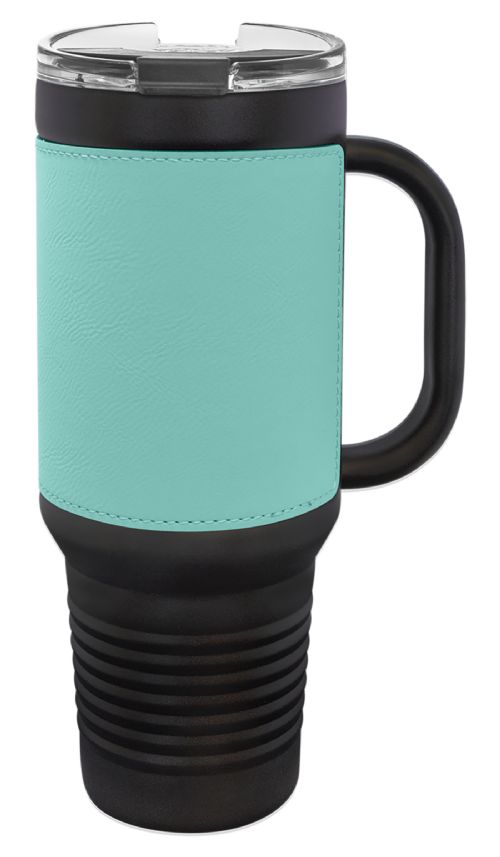 Laser Engravable Black 40oz Polar Camel Vacuum Insulated Travel Mug with with Teal/Black Leatherette Grip and Straw