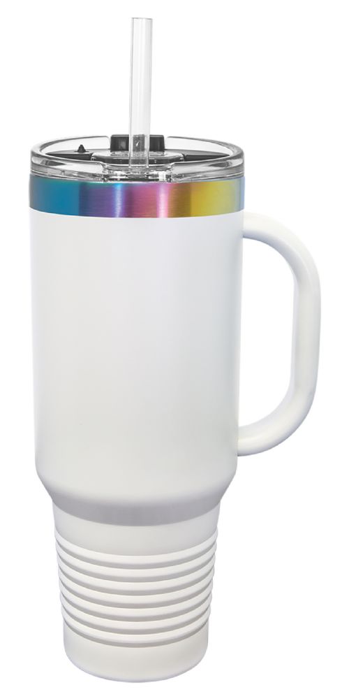 Laser Engravable White/Prism 40oz Polar Camel ION-Plated Vacuum Insulated Travel Mug with Straw